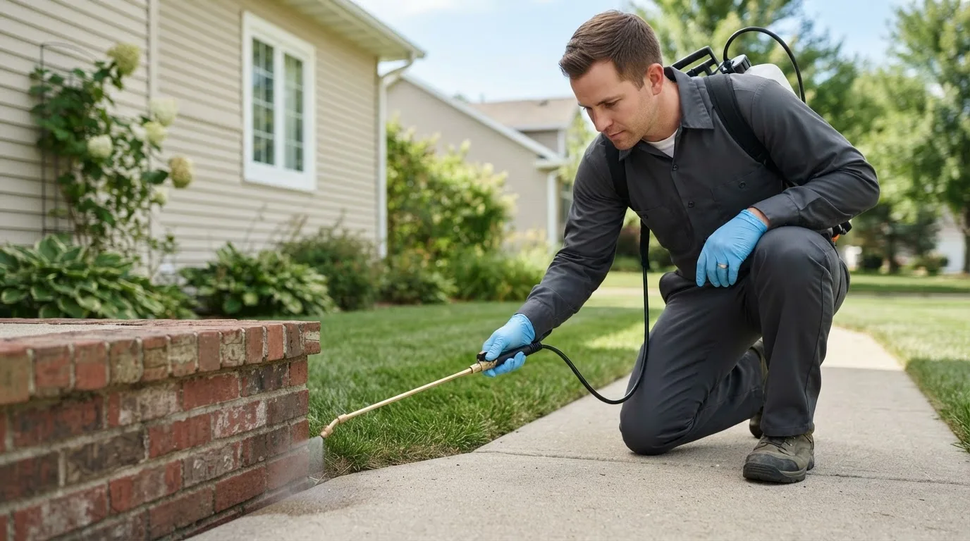 Pest control technician treating a home near Manzanola, CO